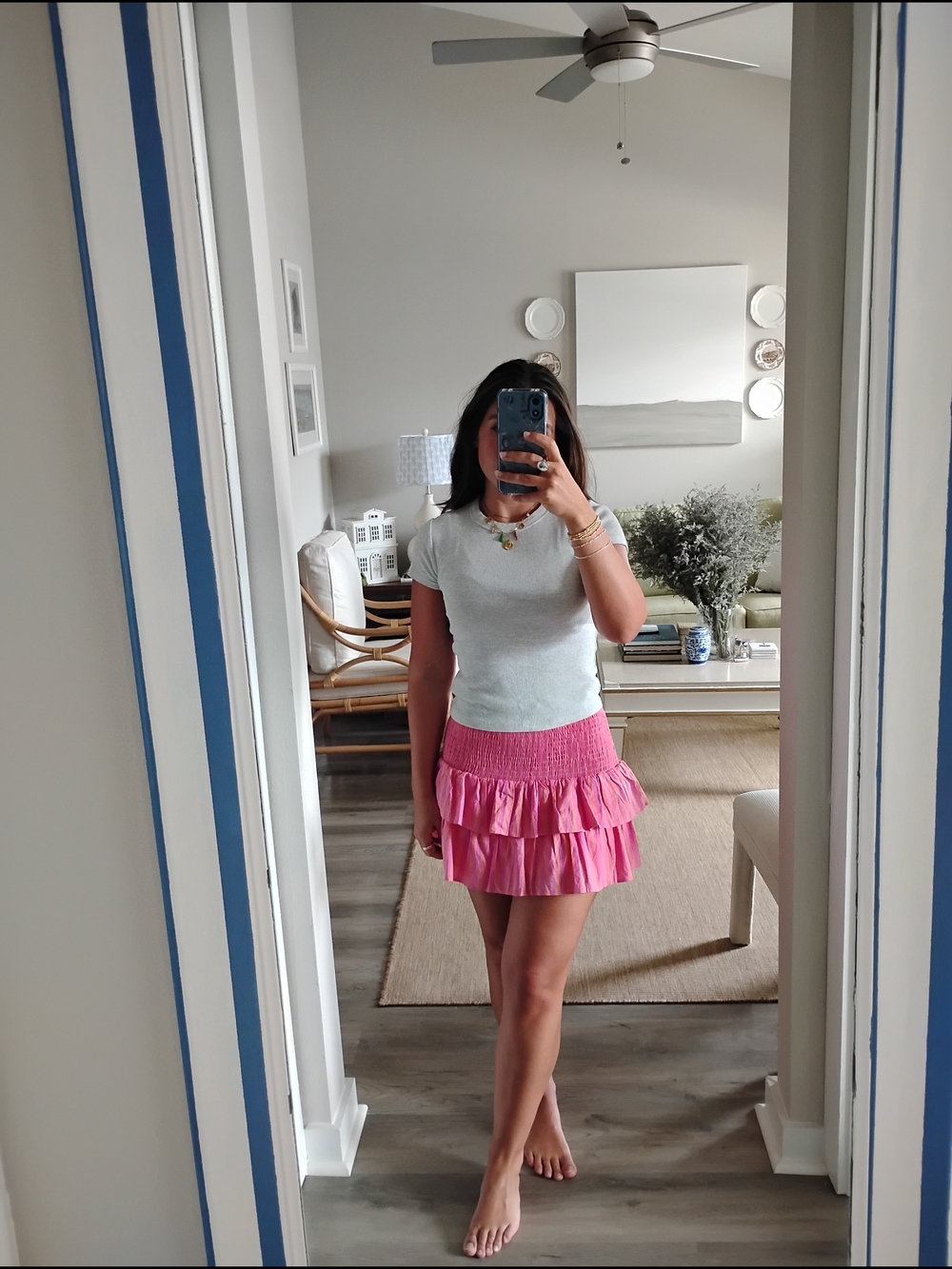 Olivaceous Pink Tiered Ruffle Mini Skirt